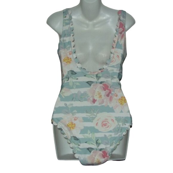 CUPSHE One Piece Swimsuit Womens Large lace up v-neck scalloped green coral pink - Picture 4 of 9